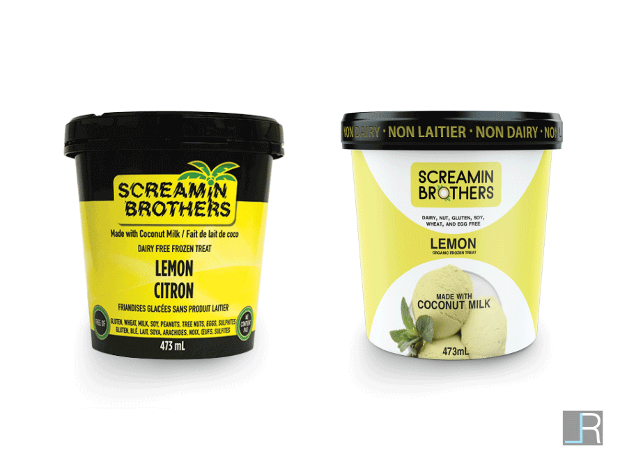 Screamin Brothers Old versus New Package. The old package has no image of the product, using the flavour colour label on a black package. The new pacakge has an image of the product, using the flavour colour theme on a white package.